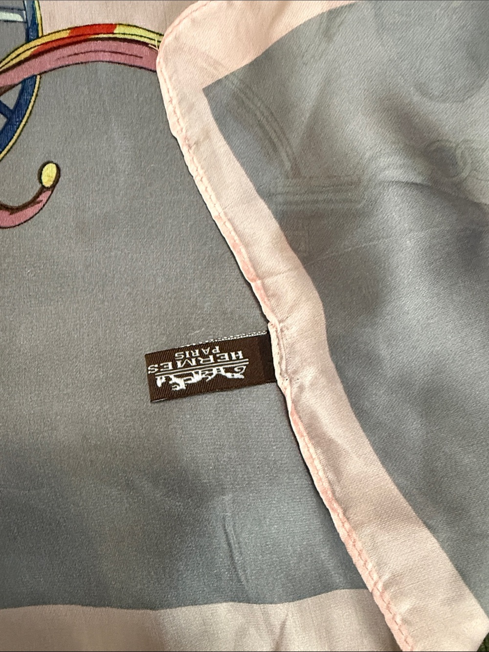Hermes Paris Silk Scarf in Gray with Pink Border - Picture 5 of 12